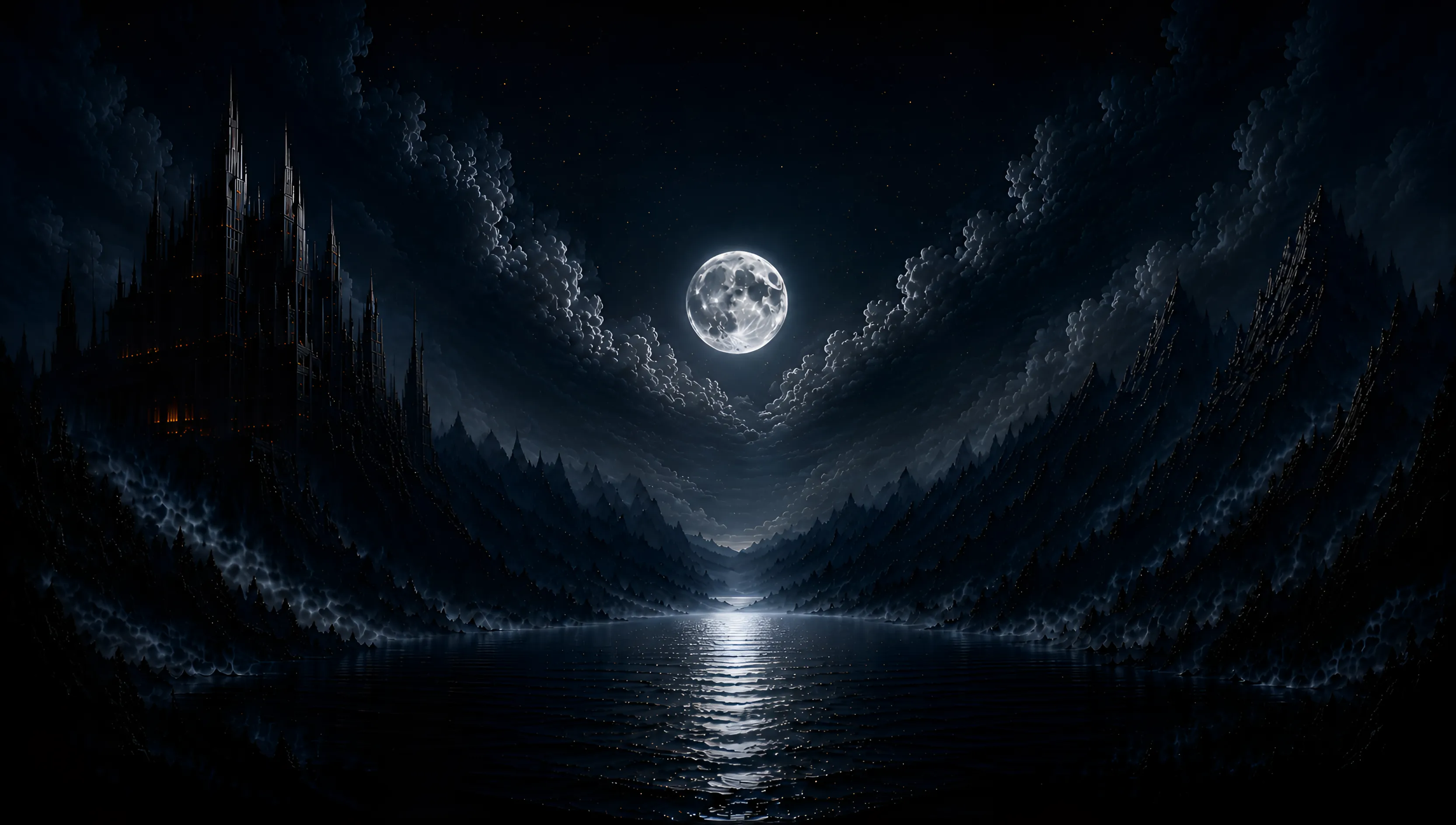 A gothic castle above a moonlit sea under a full moon